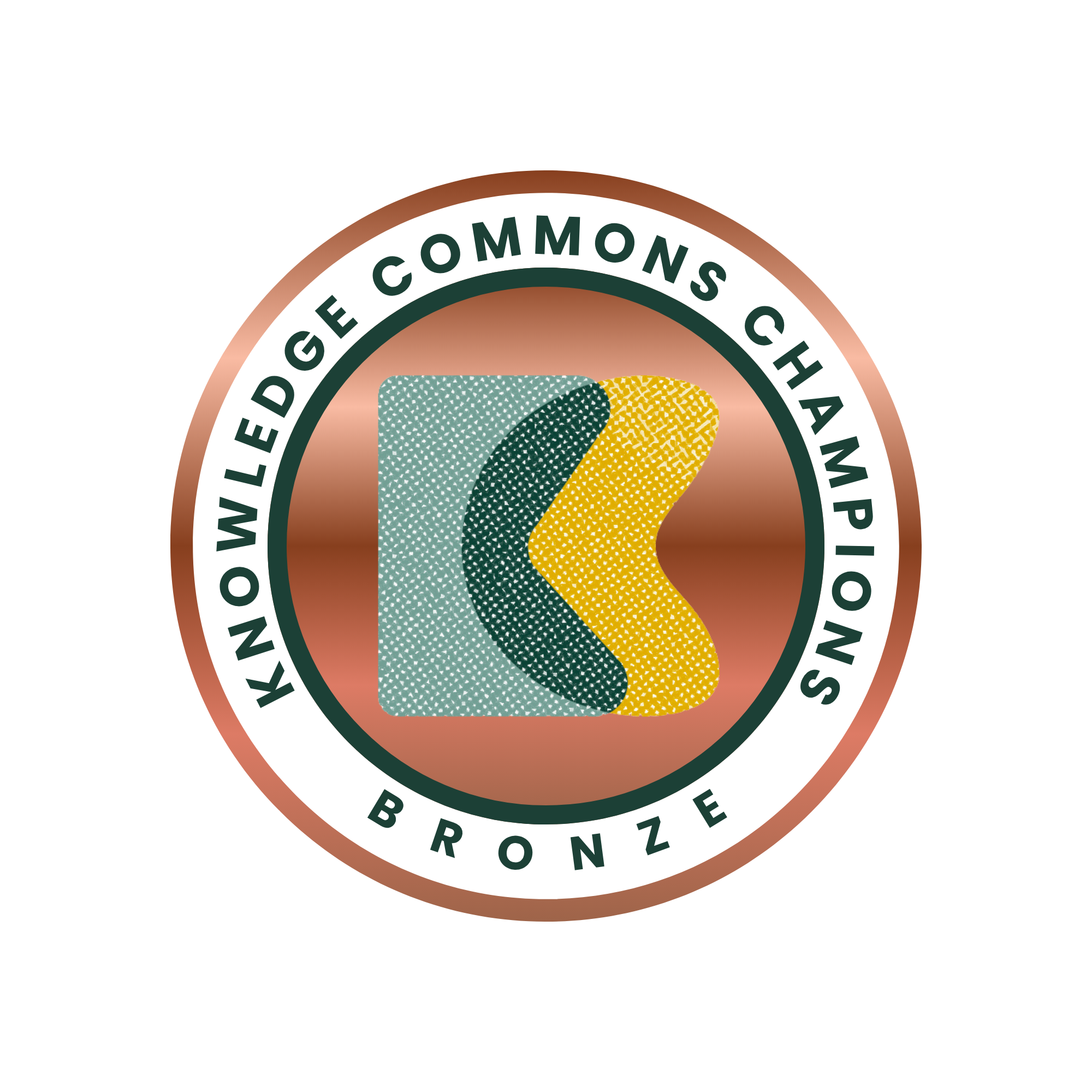 Bronze award seal labeled "Knowledge Commons Champion" with a circular bronze gradient, dark green ring, and textured overlapping teal, dark green, and yellow shapes in the center, with "Bronze" at the bottom.