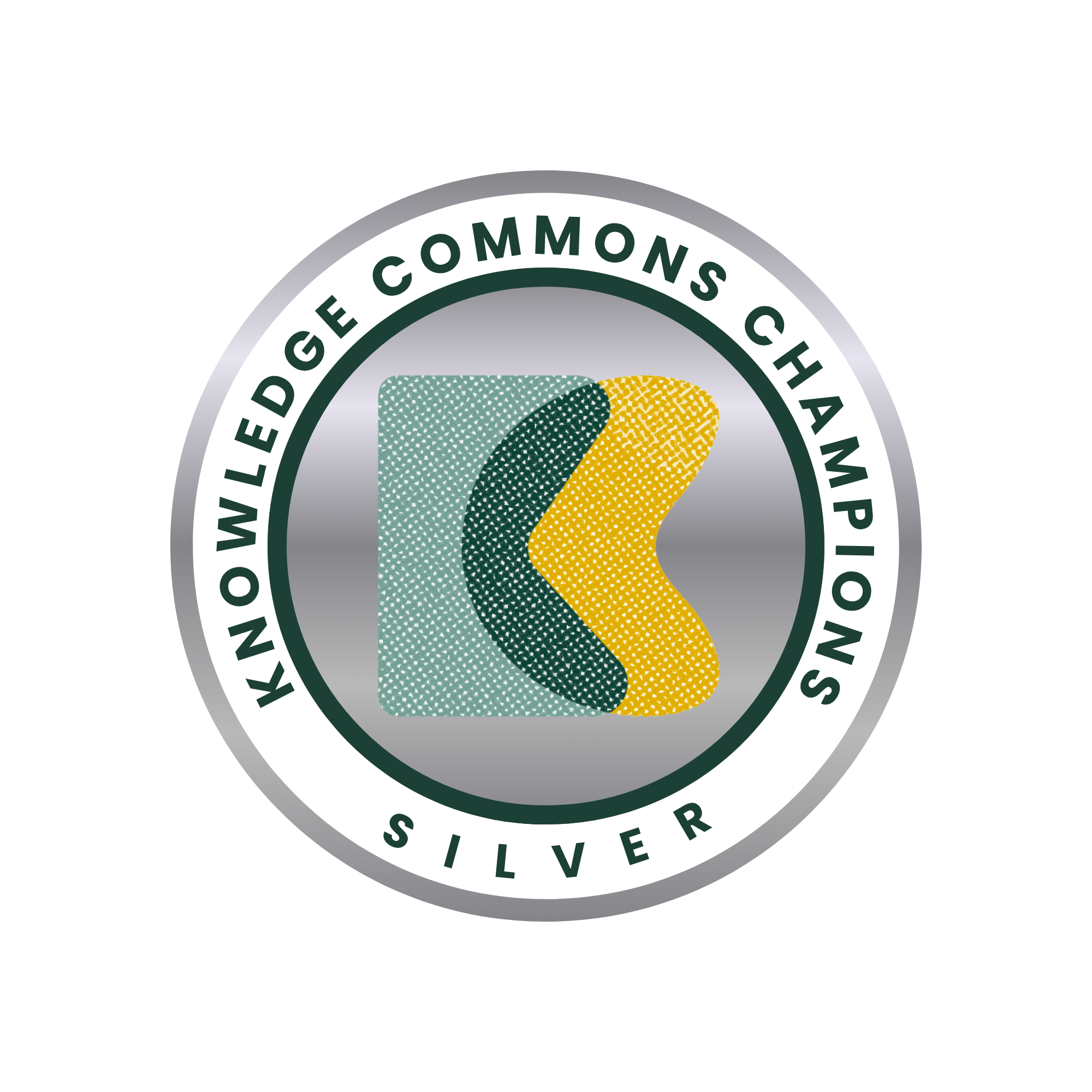 Silver circular seal reading "Knowledge Commons Champion Silver" around a central stylized emblem of overlapping teal, dark green, and yellow shapes, indicating a silver-level recognition badge.