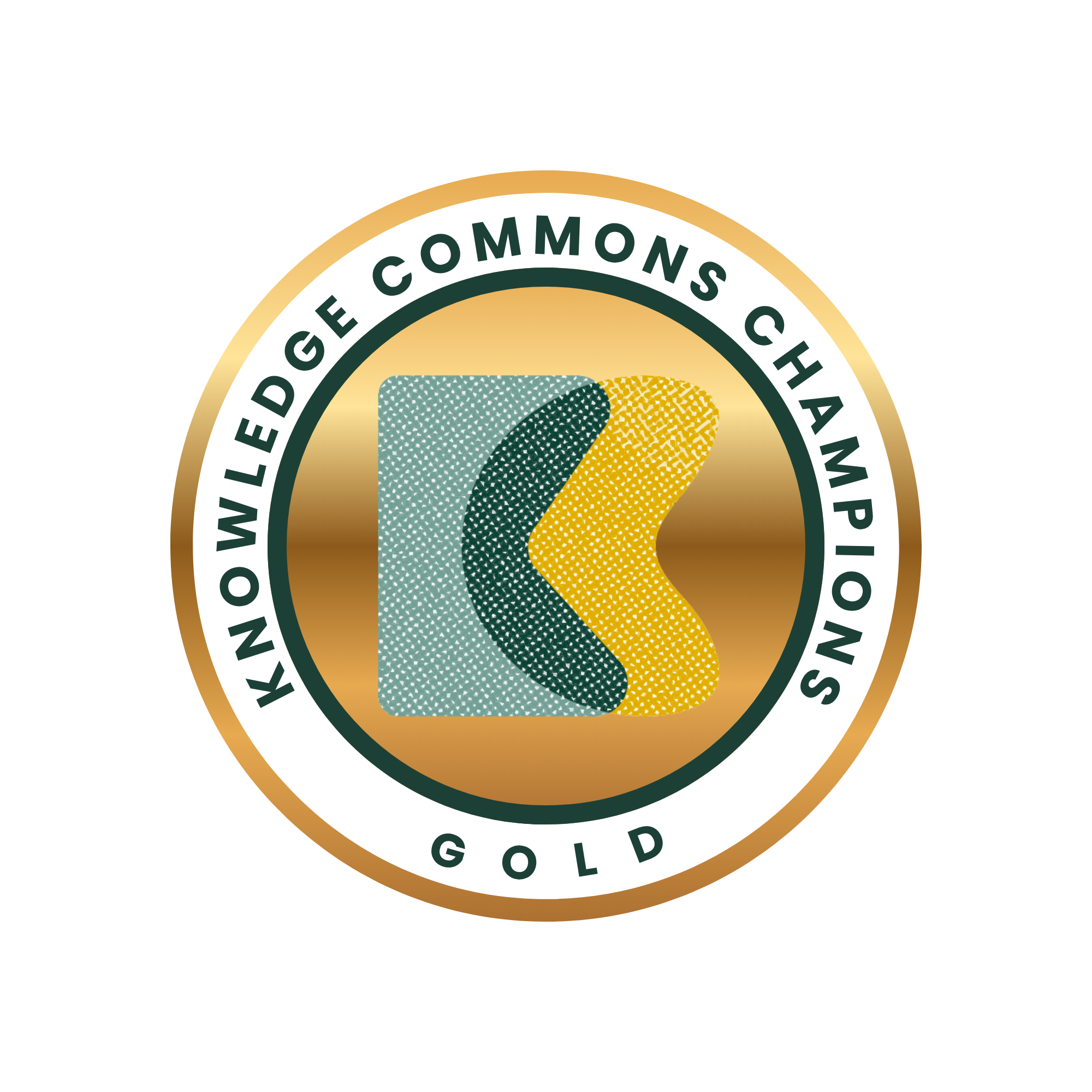 Gold circular award seal reading "Knowledge Commons Champion" around a textured teal, dark green, and yellow abstract K symbol, with the word "GOLD" centered at the bottom.