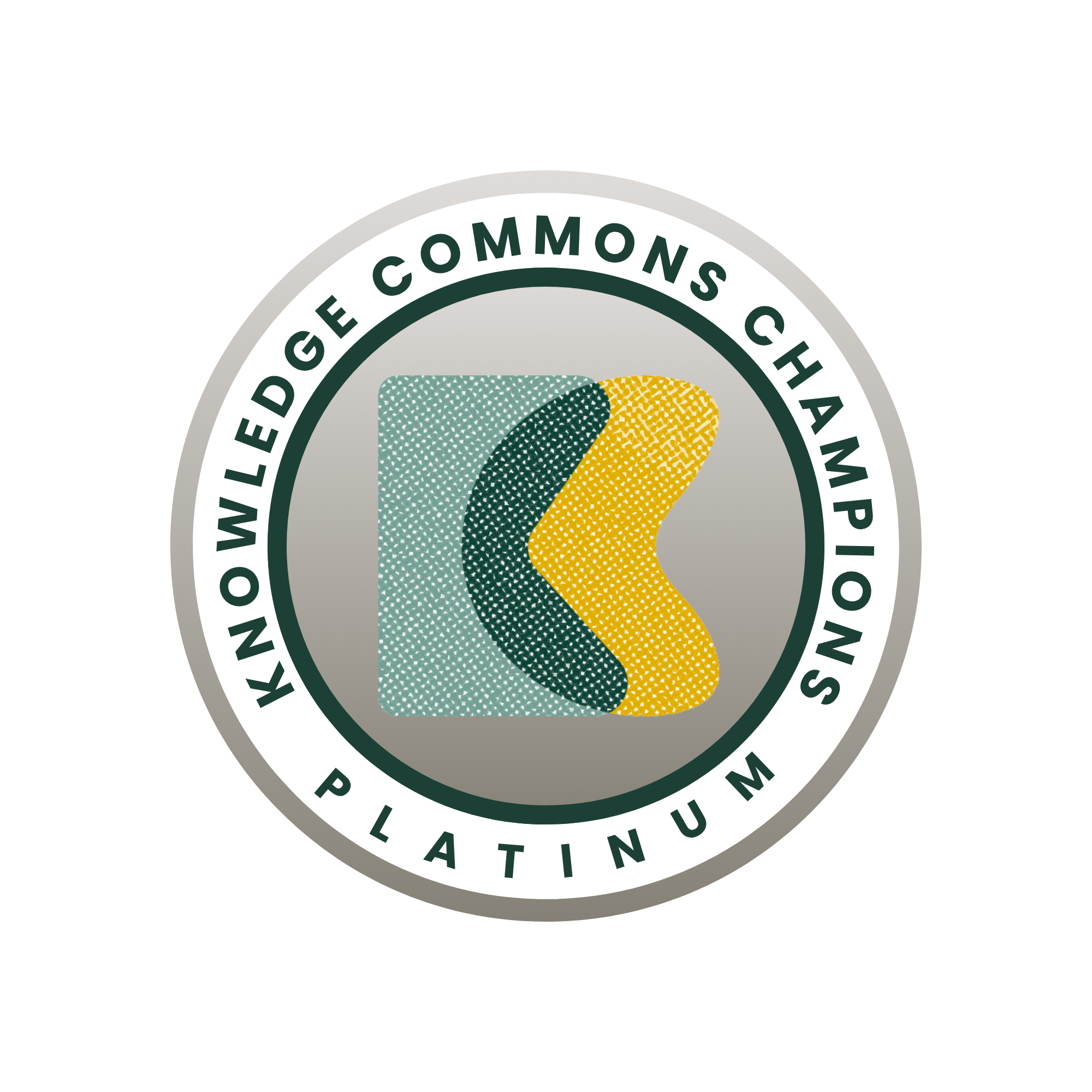 Platinum-level circular seal reading "Knowledge Commons Champion" around a central emblem of overlapping textured teal, dark green, and yellow shapes.