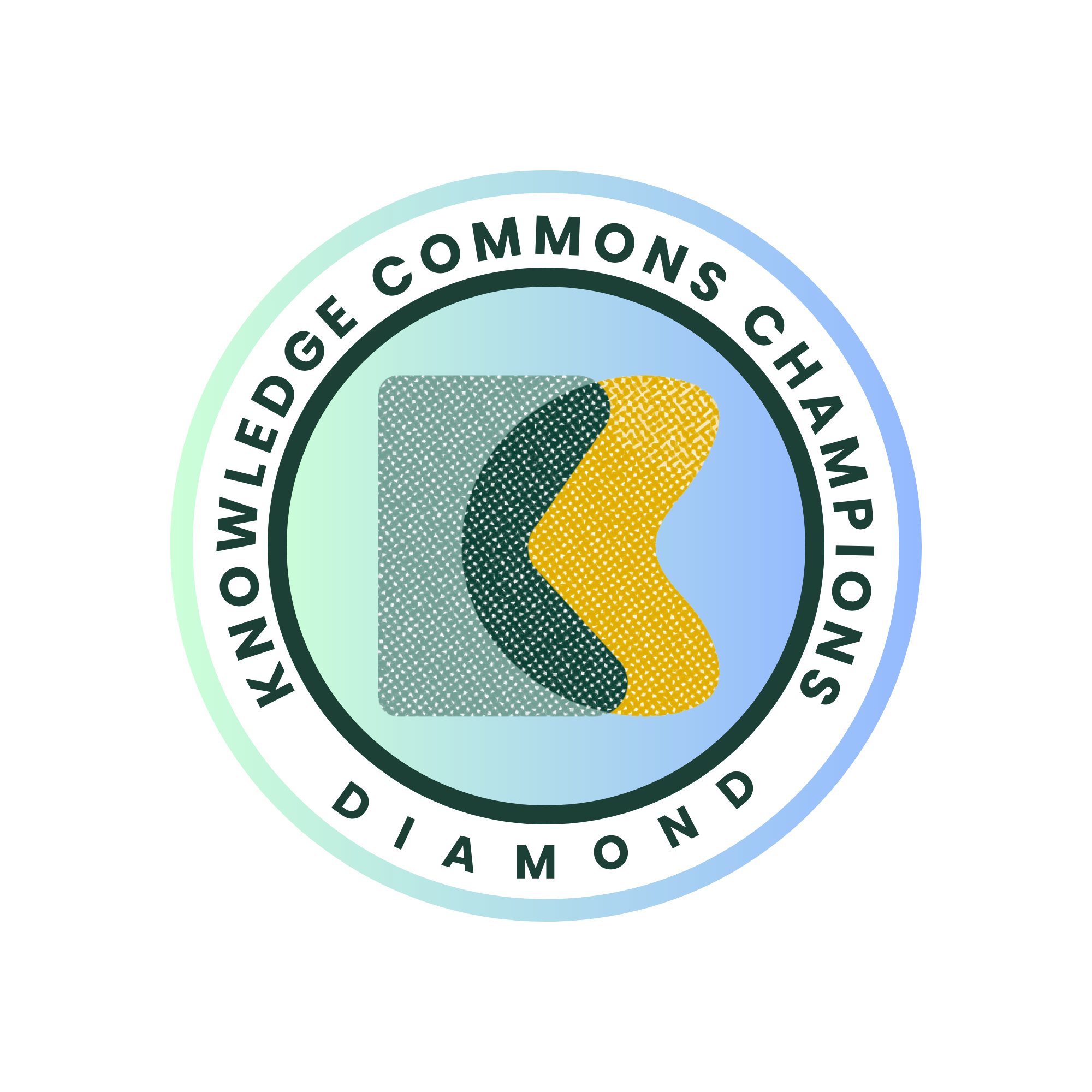 Partial circular award badge reading "KNOWLEDGE COMMONS" and "DIAMOND", with mint-to-blue concentric rings, a dark green inner border, and a rounded-square emblem showing overlapping textured teal and yellow shapes—a diamond-level commons champion seal.