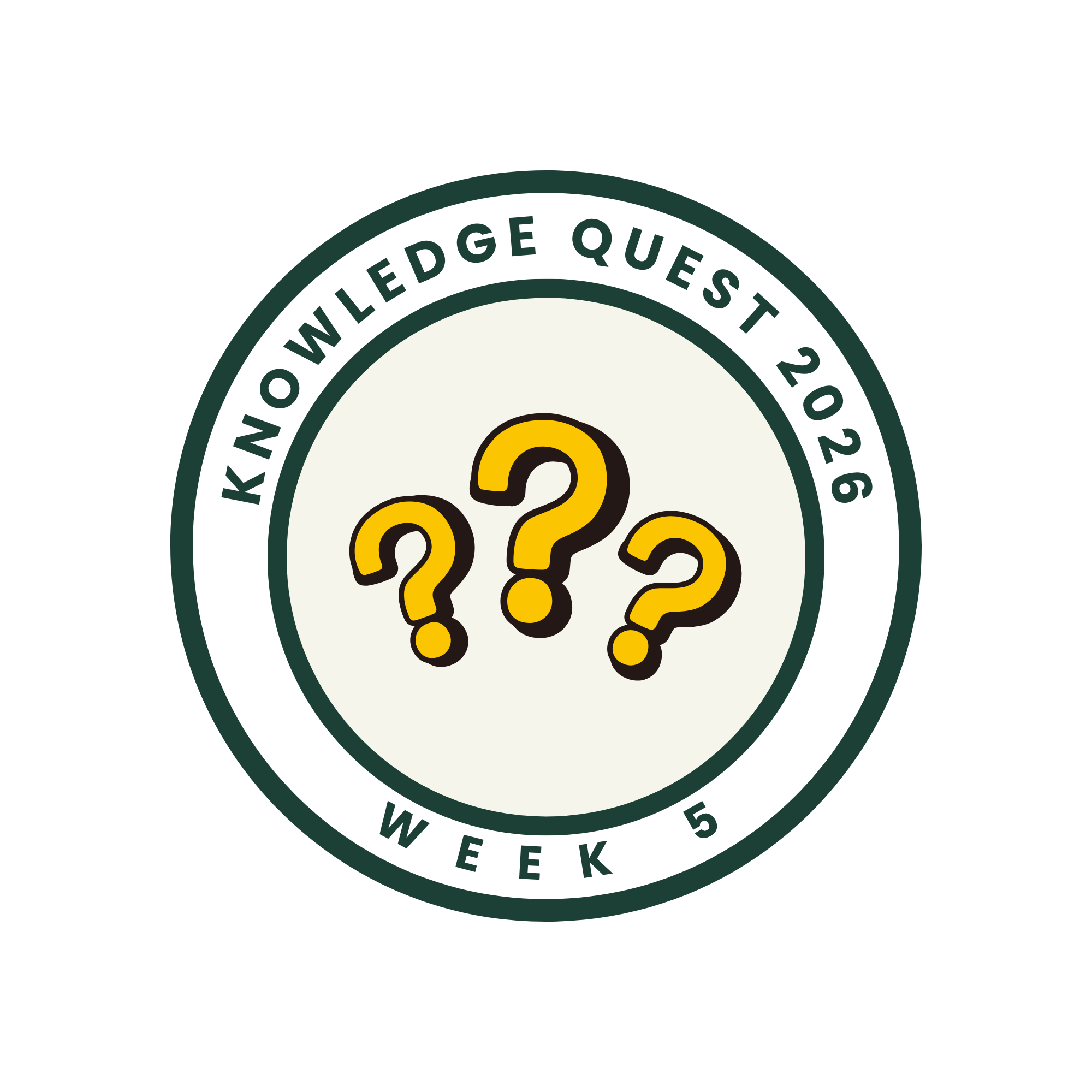 Badge reading "Knowledge Quest 2026 — Week 5" with three bold yellow question marks clustered at the center inside concentric dark-green rings.