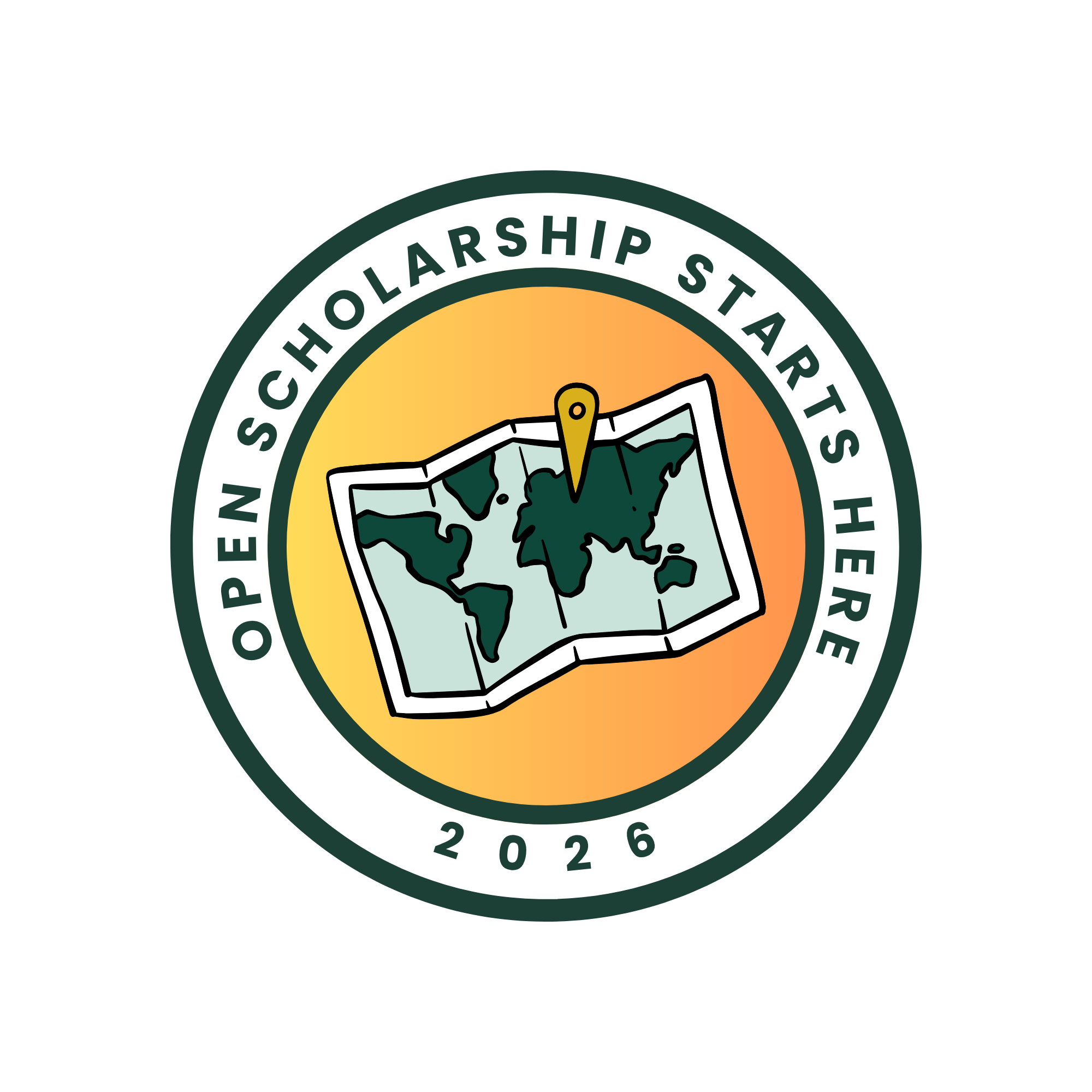 Circular badge promoting a 2026 scholarship, showing the words "SCHOLARSHIP STARTS" around a central folded world map with a yellow location pin, enclosed by dark green rings and an orange gradient background.