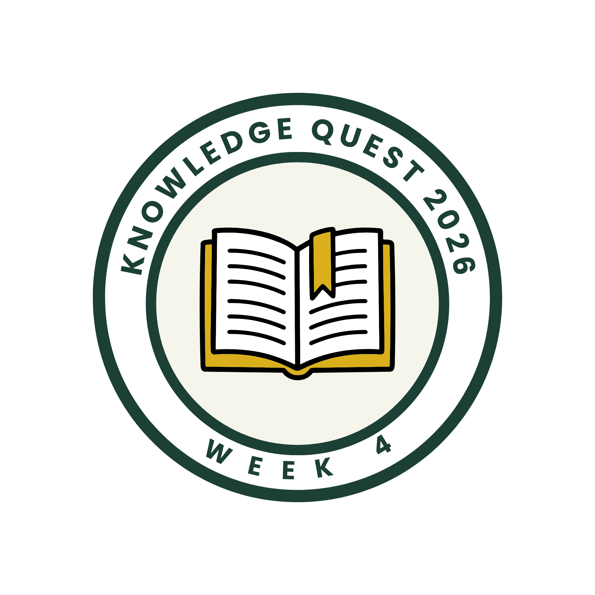 Circular badge reading "Knowledge Quest 2026" and "Week 4" surrounding an open book icon with a gold bookmark, signifying a reading or learning challenge.