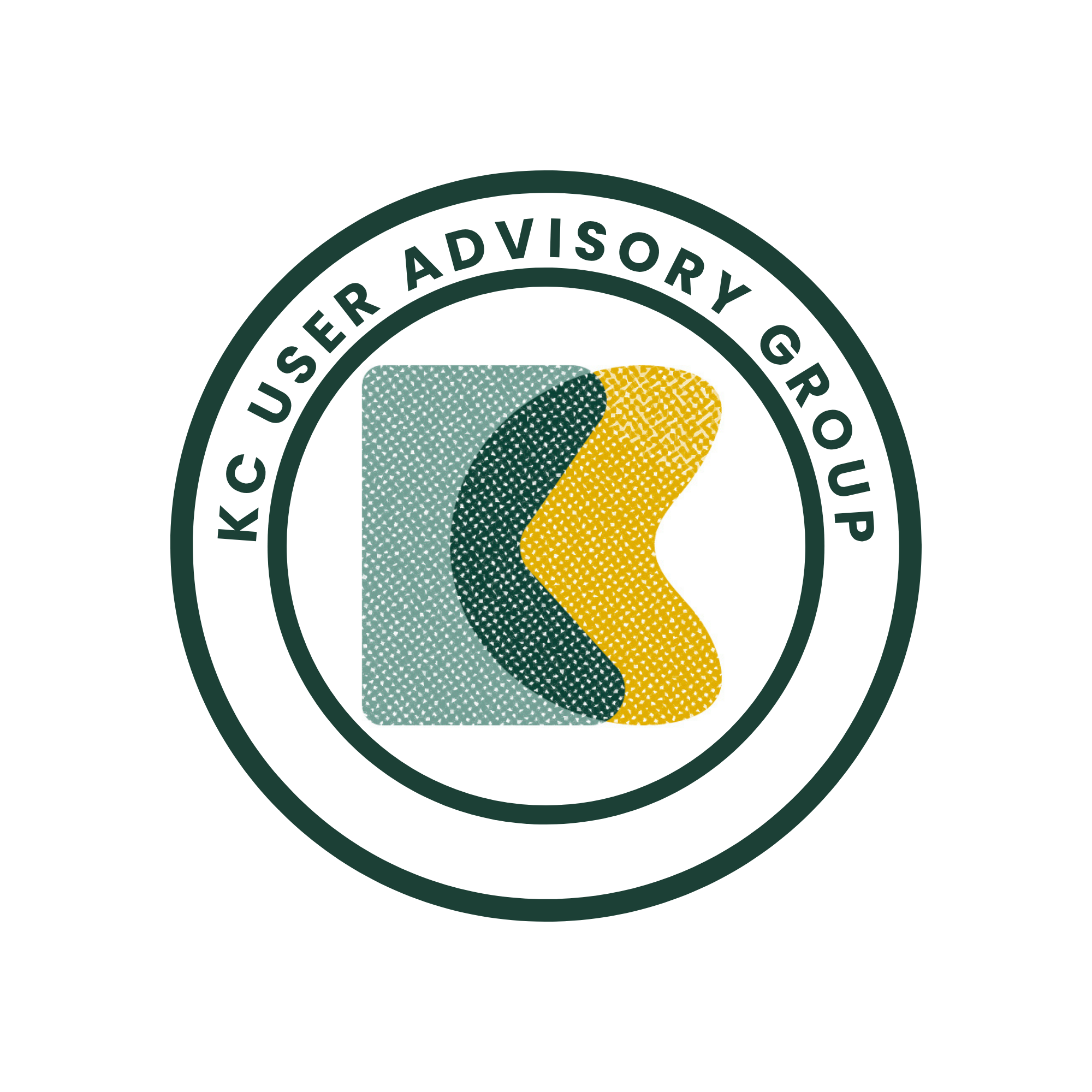 Round seal-style logo for the KC user advisory group with concentric dark green rings, curved organization name along the top, and a textured emblem of overlapping teal, dark green, and yellow shapes in the center.