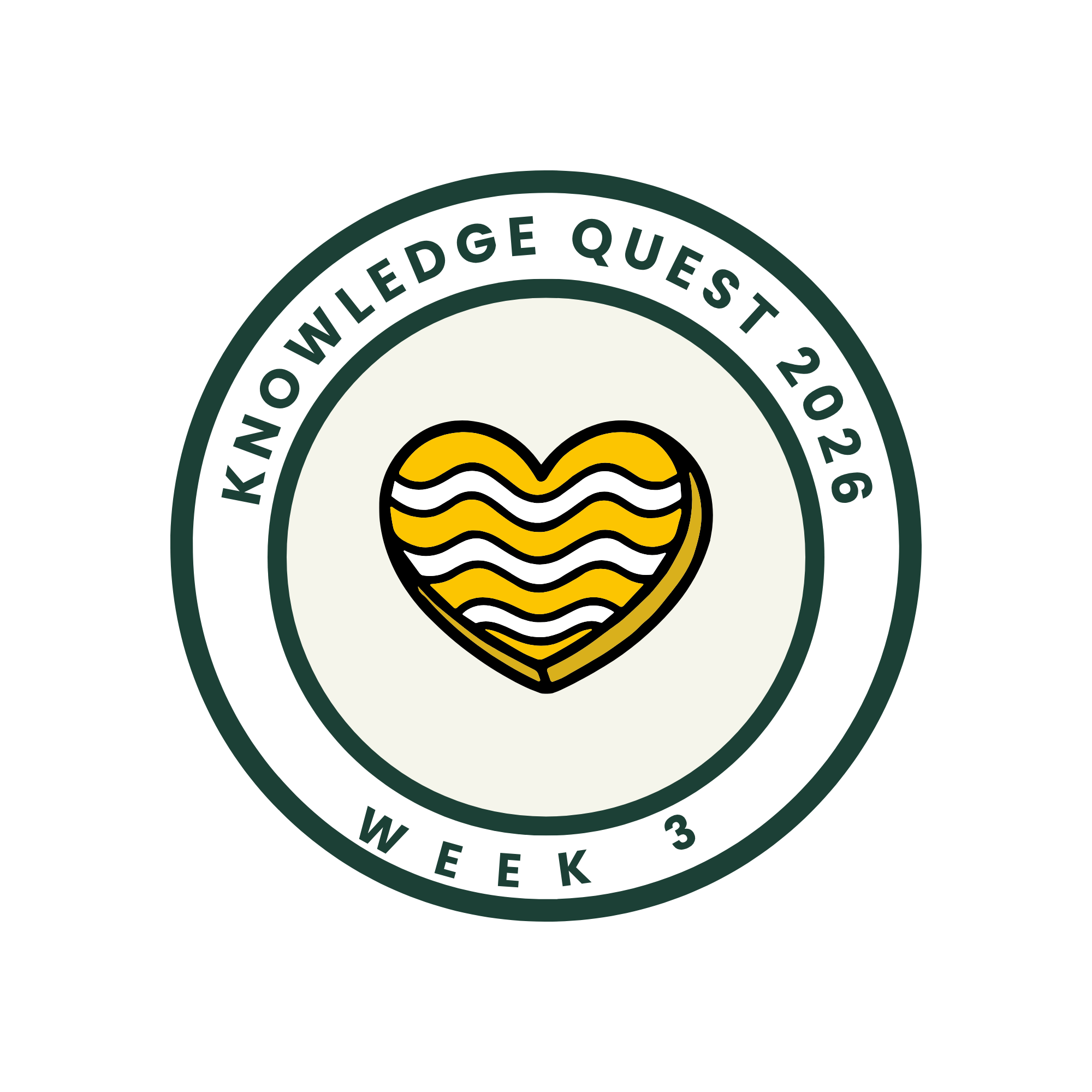 Badge for "Knowledge Quest 2026 — Week 3" featuring concentric dark green rings and a central yellow heart filled with alternating white wavy lines, a simple emblem signaling achievement and progress.