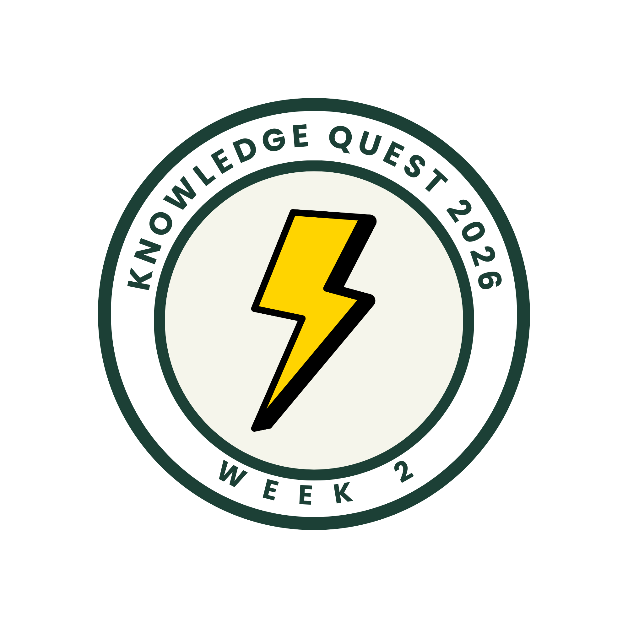 Round badge labeled "Knowledge Quest 2026 — Week 2" featuring a central yellow lightning bolt on a cream background with dark green concentric rings.